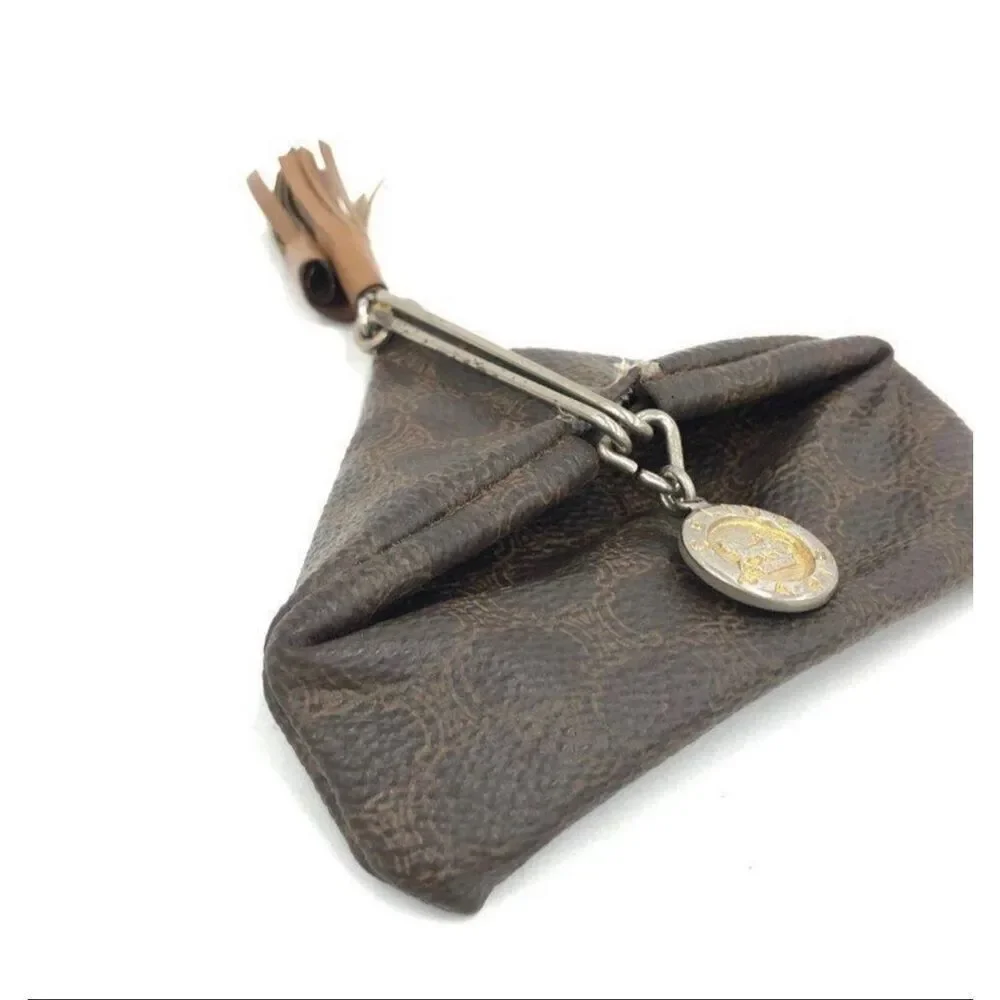 Celine Macadam Coin Case Pouch Brown Logo Print Leather Luxury Charm Tassle